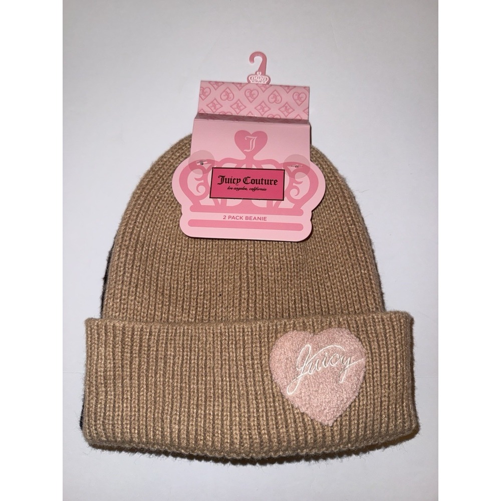 Juicy Couture Women 2 Pack Beanie Hat Set Brown Tan Heart Logo LA Stretch NWT